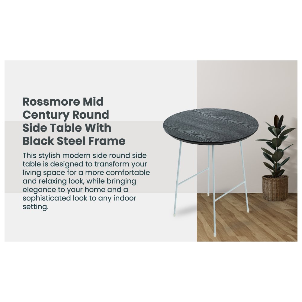 Rossmore Mid Century Modern Round Side Table With White Steel Frame. Picture 1
