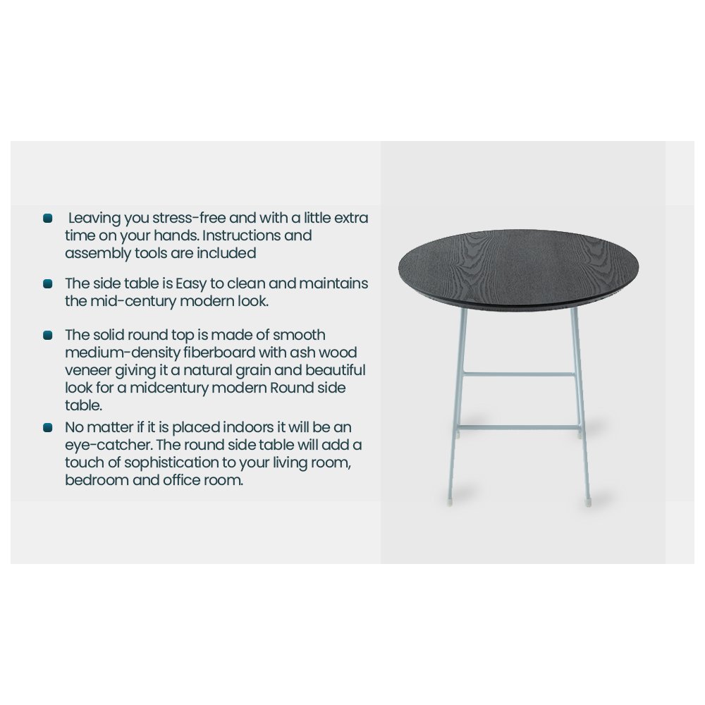Rossmore Mid Century Modern Round Side Table With White Steel Frame. Picture 3
