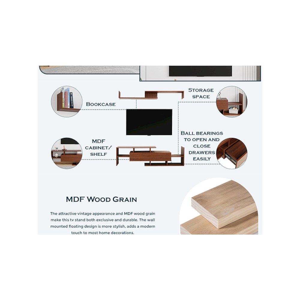 Surrey Modern TV Stand with MDF Shelves and Bookcase in Walnut. Picture 26