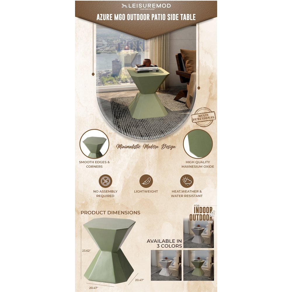 Azure Collection Fiberglass Outdoor Side Table in Olive Green. Picture 2