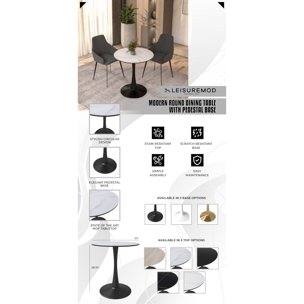 Leisyremod Bristol 24" Round Dining Table Black base with White top. Picture 35