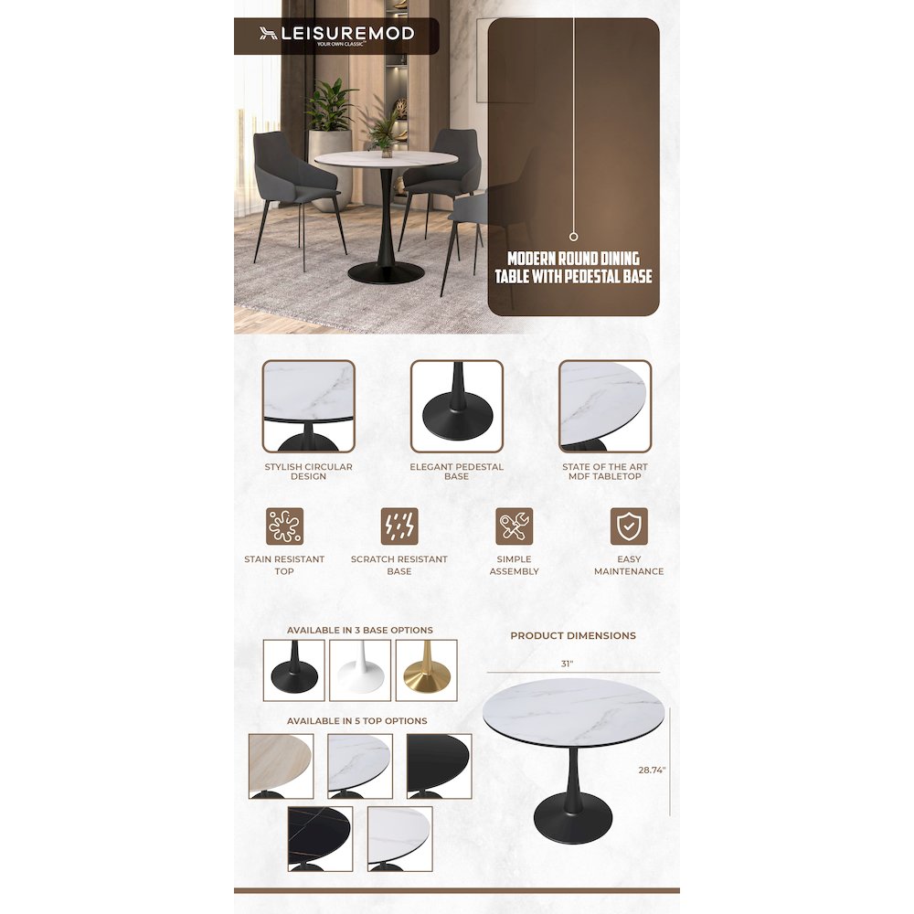 Bristol 31" round dining table Black base with marbled MDF top. Picture 21