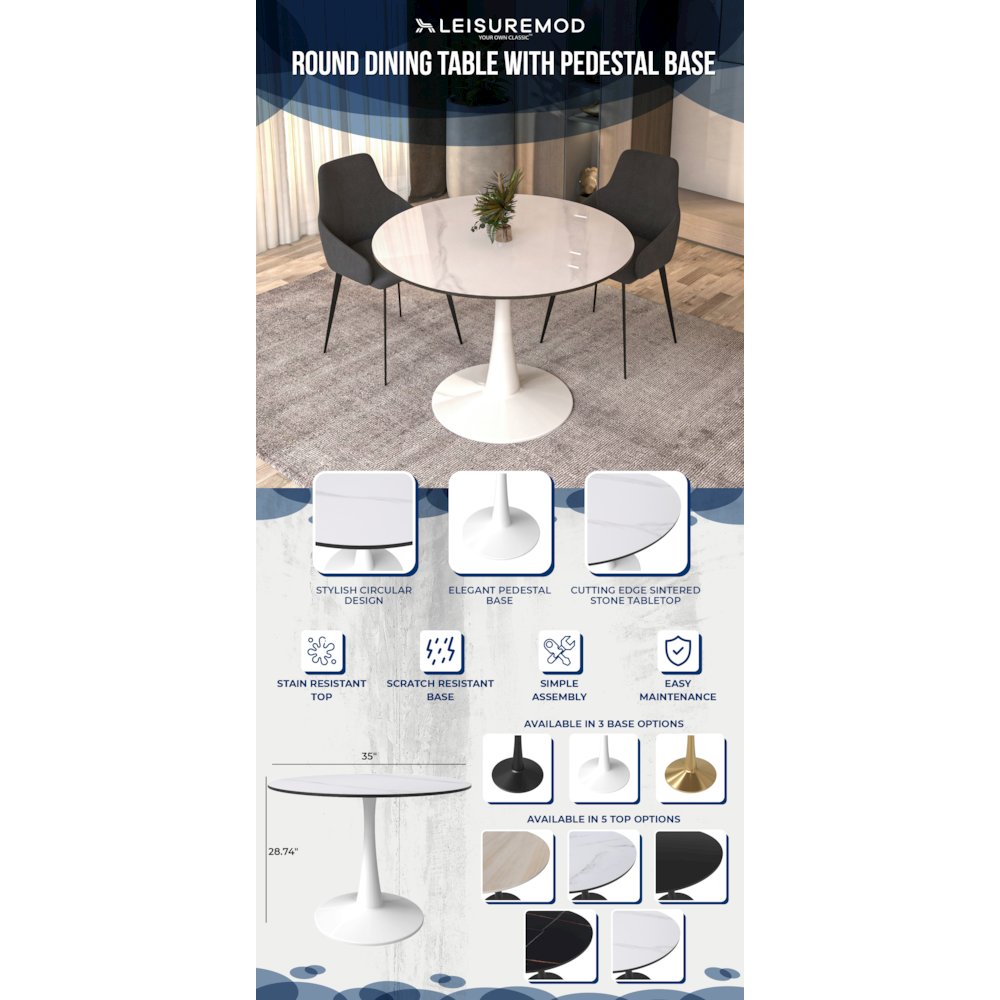Bristol 40" round dining table White base with White Sintered stone Top. Picture 19