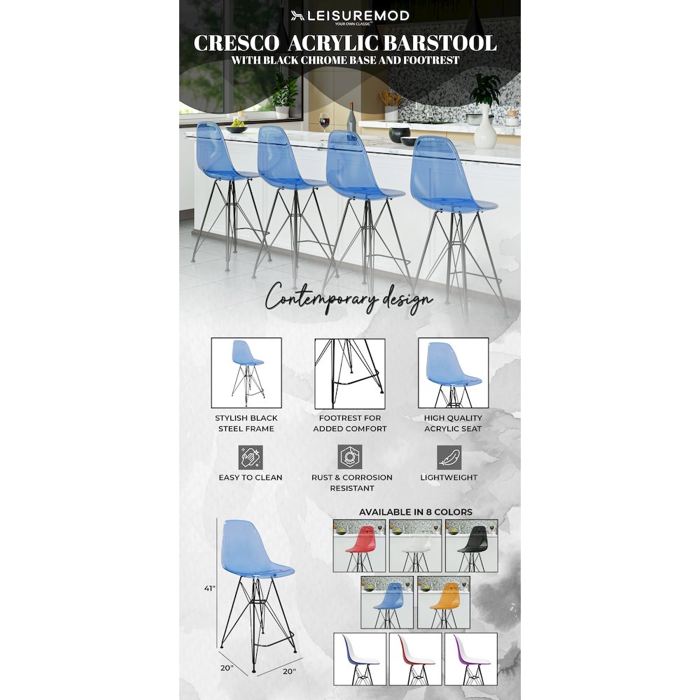 Modern Acrylic Bar stool Cresco Collection Black Base with Trans Blue seat. Picture 5