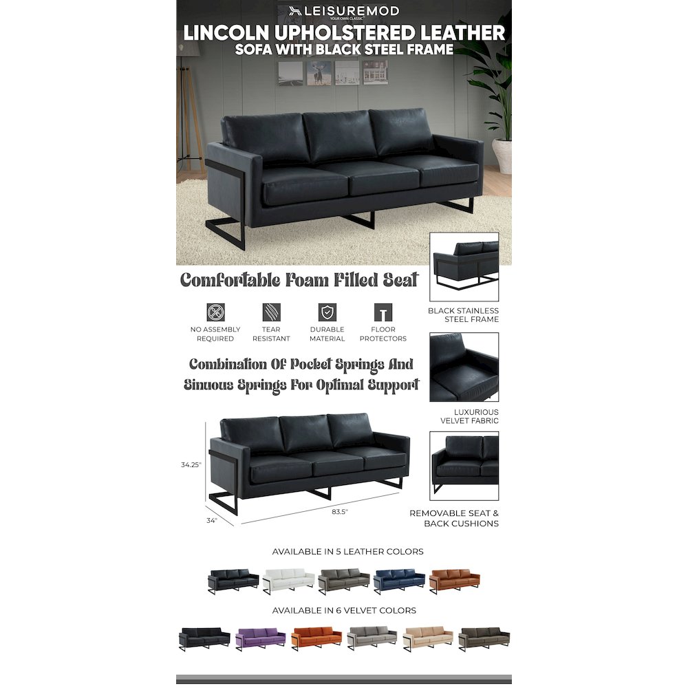 Lincoln Black Leather Sofa With Black Frame. Picture 12