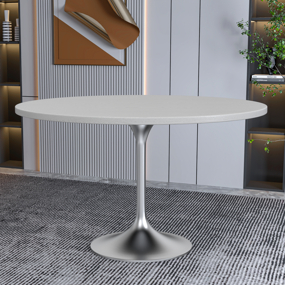 48" Round Dining Table, Brushed Chrome Base with Light Natural Wood MDF Top. Picture 12