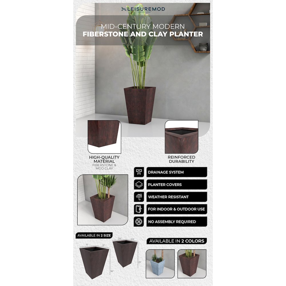 Serene Series Poly Stone Square Planter in Brown 14x14, 21 High. Picture 7