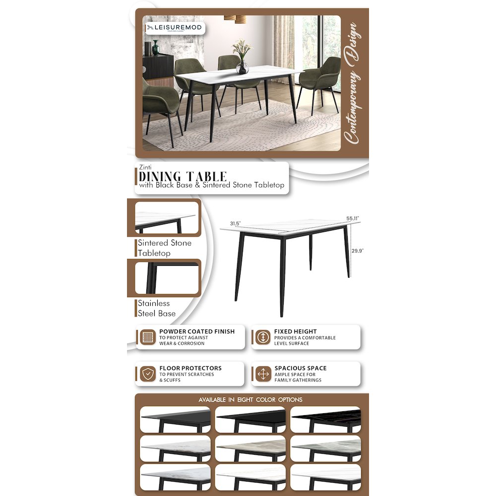 Zayle Series Modern Dining Table Black Base, With 71 White Sintered Stone Top. Picture 1