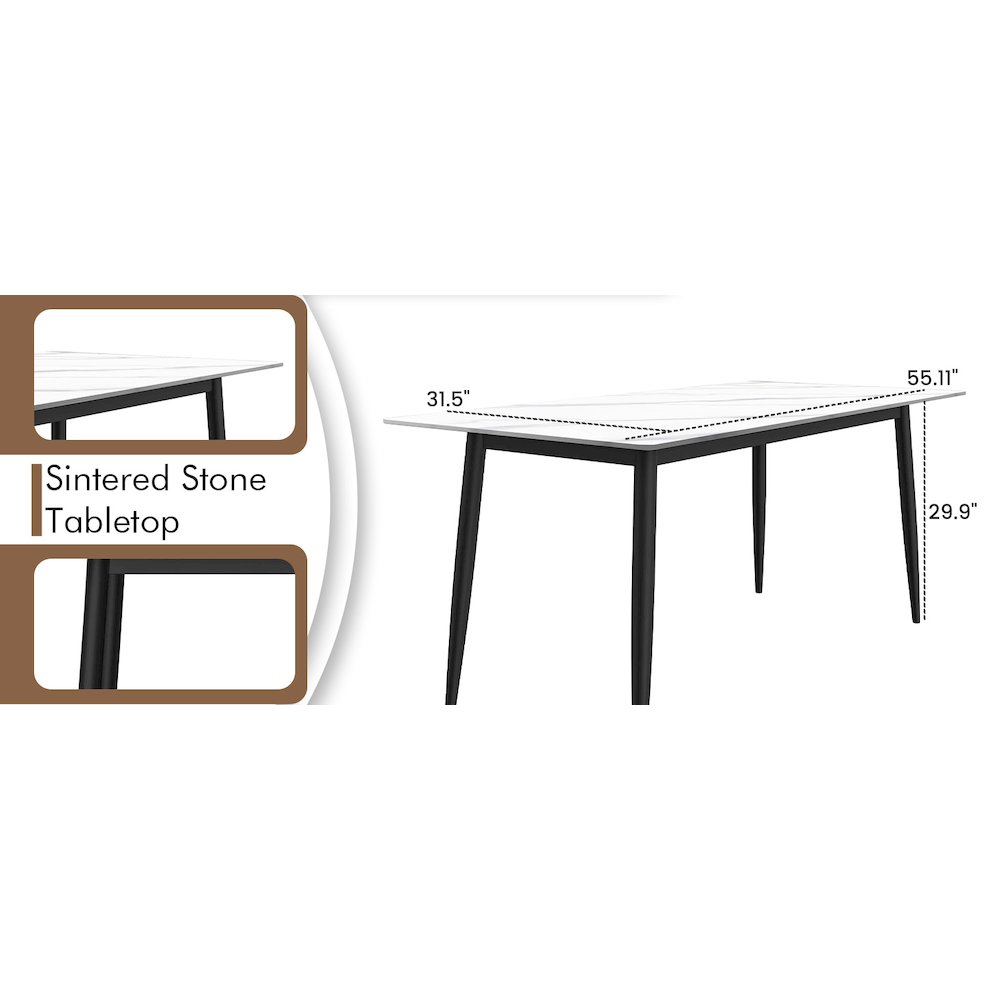 Zayle Series Modern Dining Table Black Base, With 71 White Sintered Stone Top. Picture 22