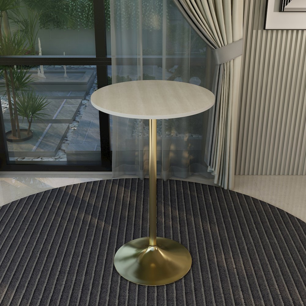 Bar Height Table Brushed Gold Base with 27" Round Light Natural Wood MDF Top. Picture 20