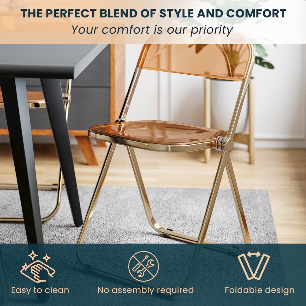 Lawrence Acrylic Folding Chair With Gold Metal Frame, Set of 2. Picture 6