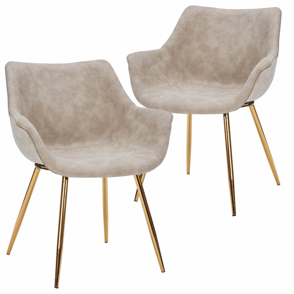 Markley Modern Leather Dining Arm Chair With Gold Legs in Taupe Set of 2. Picture 11