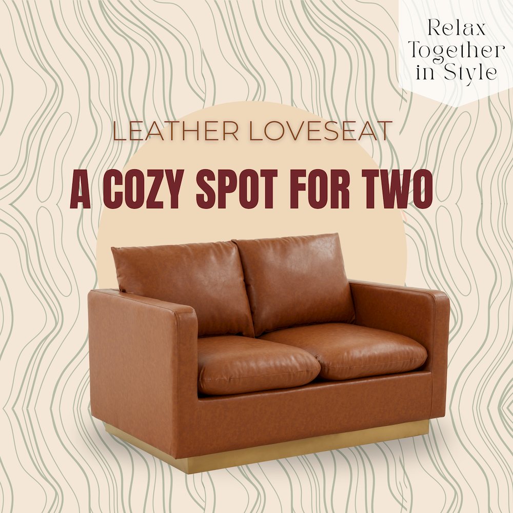 Nervo Modern Mid-Century Upholstered Leather Loveseat with Gold Frame. Picture 9