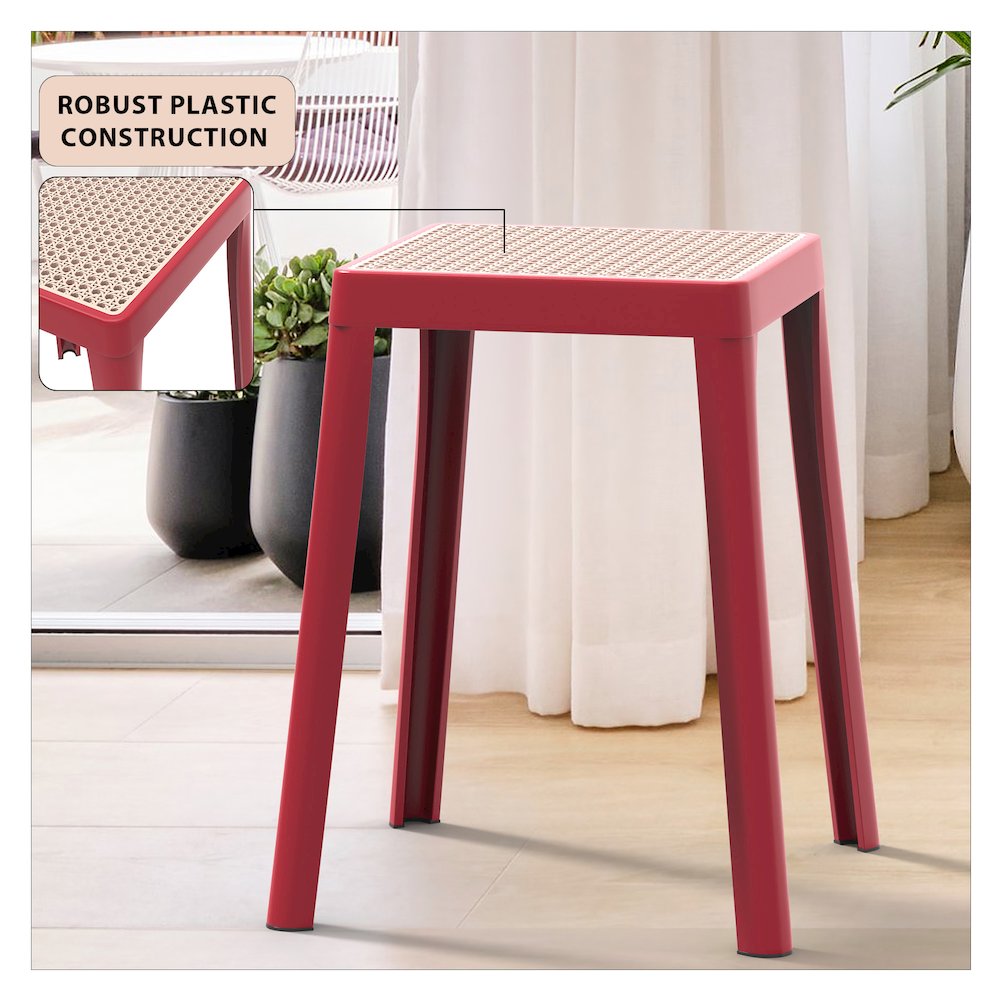 Tresse Series Stackable Poly Stool With Wicker Top 12 in Red. Picture 8