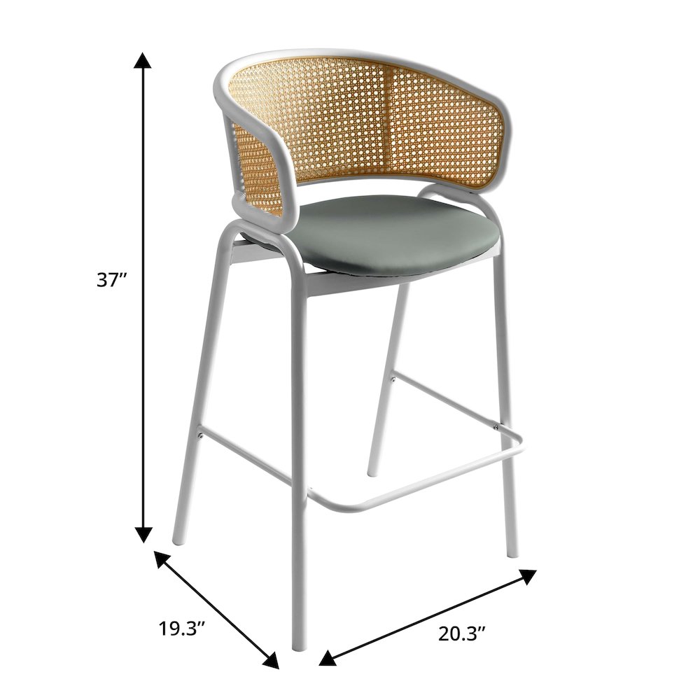Ervilla Wicker Bar Stool with Fabric Seat and White Steel Frame - Grey leather. Picture 12