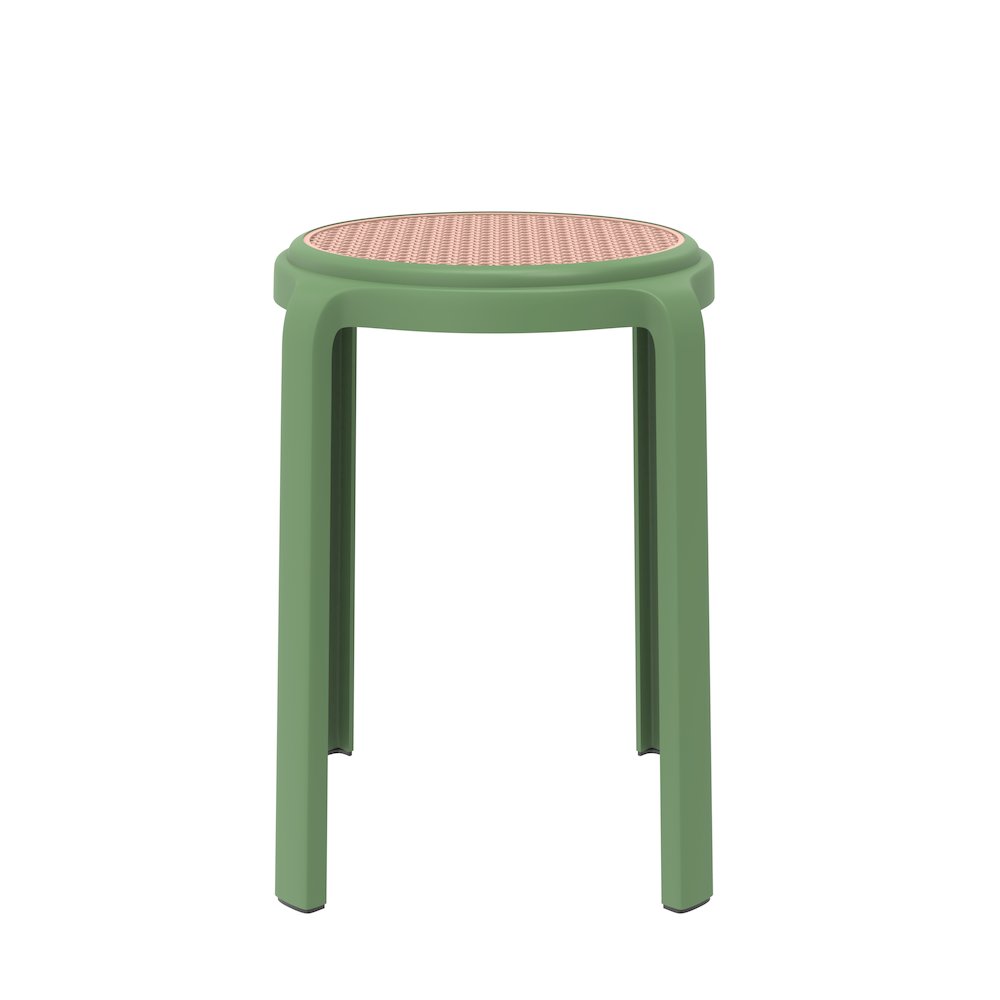 Tresse Series Stackable Round Poly Stool With Wicker Top 13 in Green. Picture 5