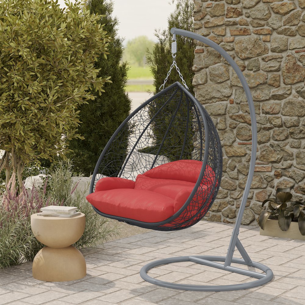 Recluse Collection Modern Outdoor Swing Chair Grey Frame with ES57 Red Cushion. Picture 8