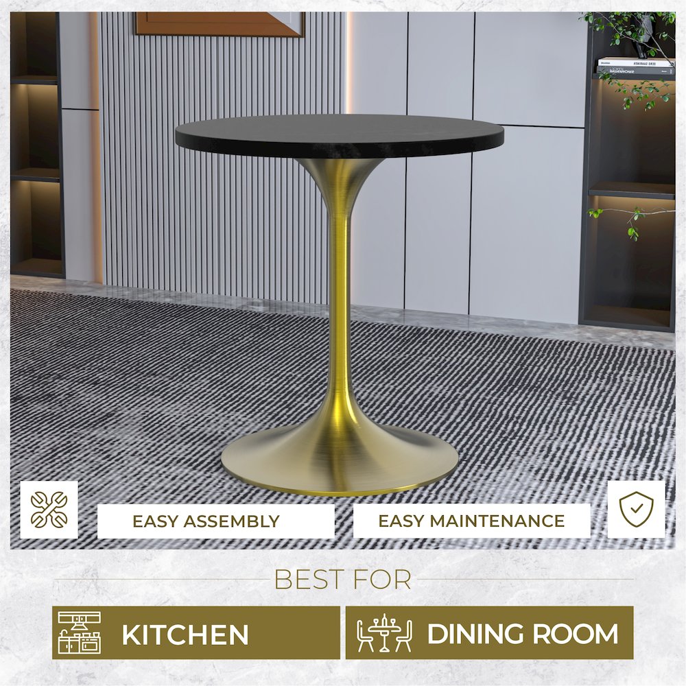 Verve Collection 27" Round Dining Table, Brushed Gold Base with Black MDF Top. Picture 3