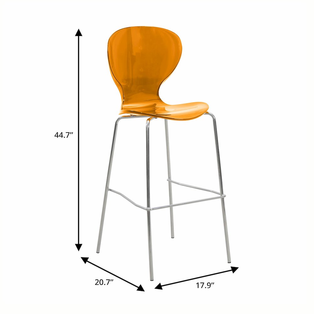 Oyster Acrylic Barstool with Steel Frame in Chrome Finish in Transparent Orange. Picture 15
