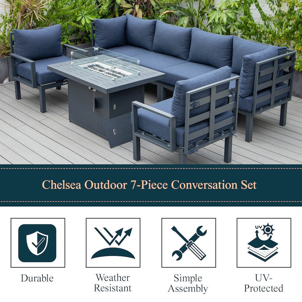 Chelsea 7-Piece Patio Sectional And Fire Pit Table Black Aluminum With Cushions. Picture 35