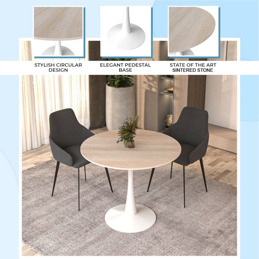 Bristol 35" Round Dining Table White Base with Sintered Stone Natural Wood Top. Picture 4