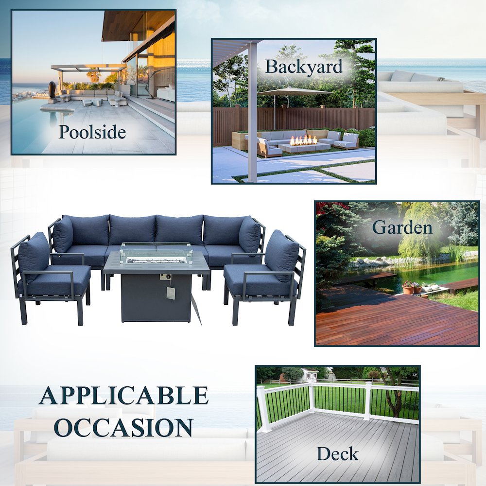 Chelsea 7-Piece Patio Sectional And Fire Pit Table Black Aluminum With Cushions. Picture 40