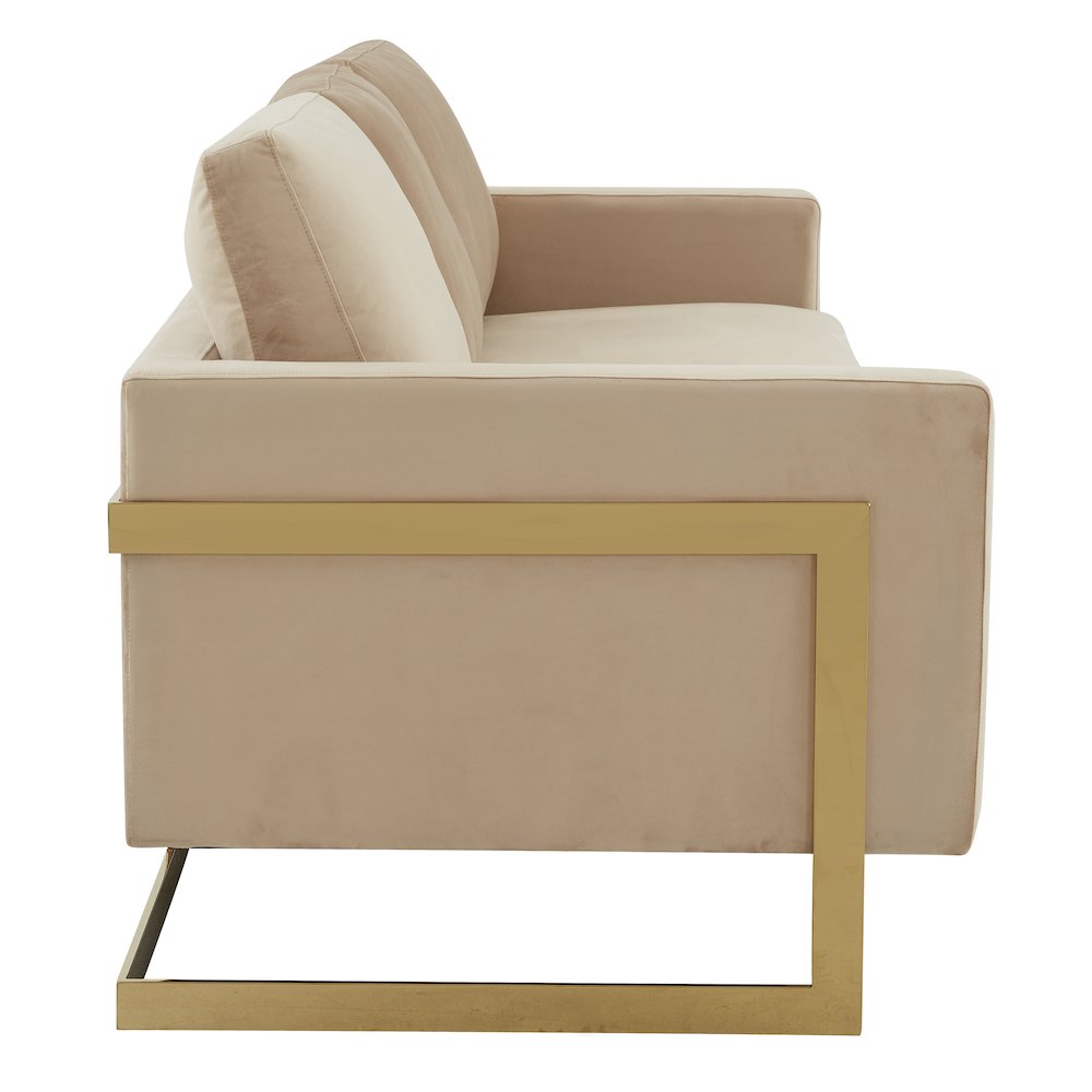 Lincoln Modern Mid-Century Upholstered Velvet Sofa with Gold Frame. Picture 7
