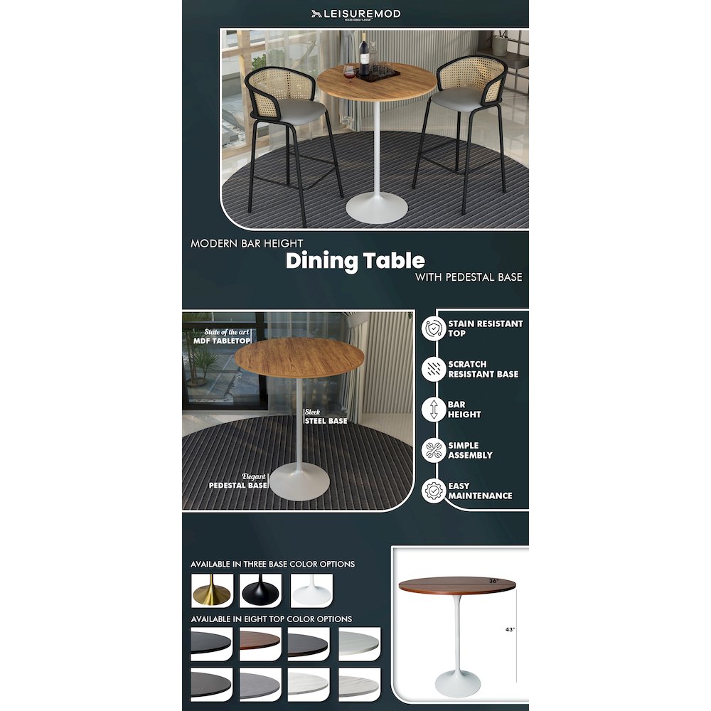 Bar Height Table White Base with 36" Round Cognac Brown MDF Top. Picture 13