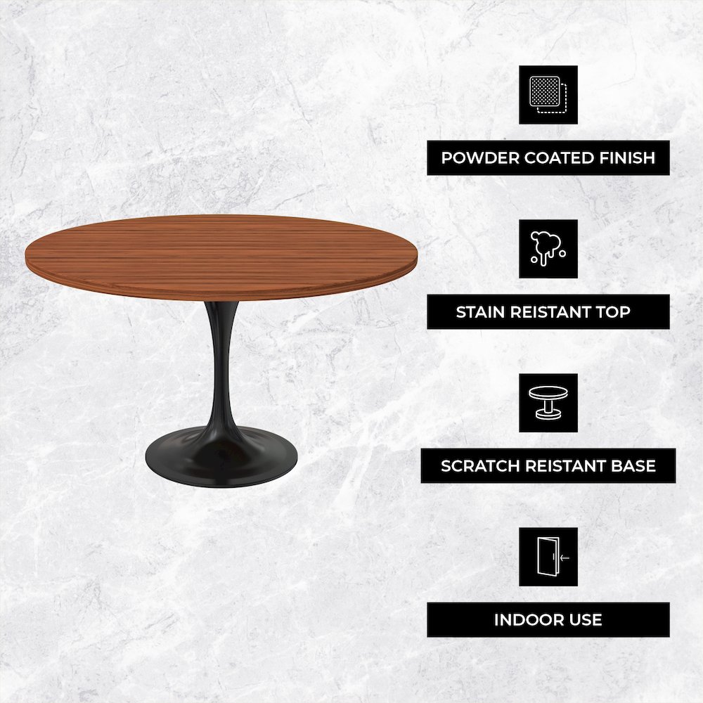Verve Collection 48 Round Dining Table, Black Base with Cognac Brown MDF Top. Picture 1
