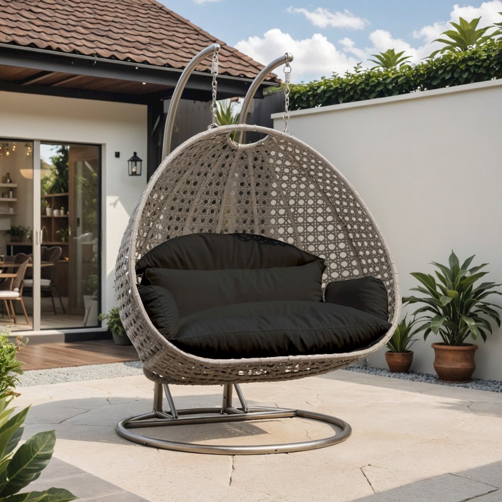 Beige Wicker Hanging 2 person Egg Swing Chair. Picture 1