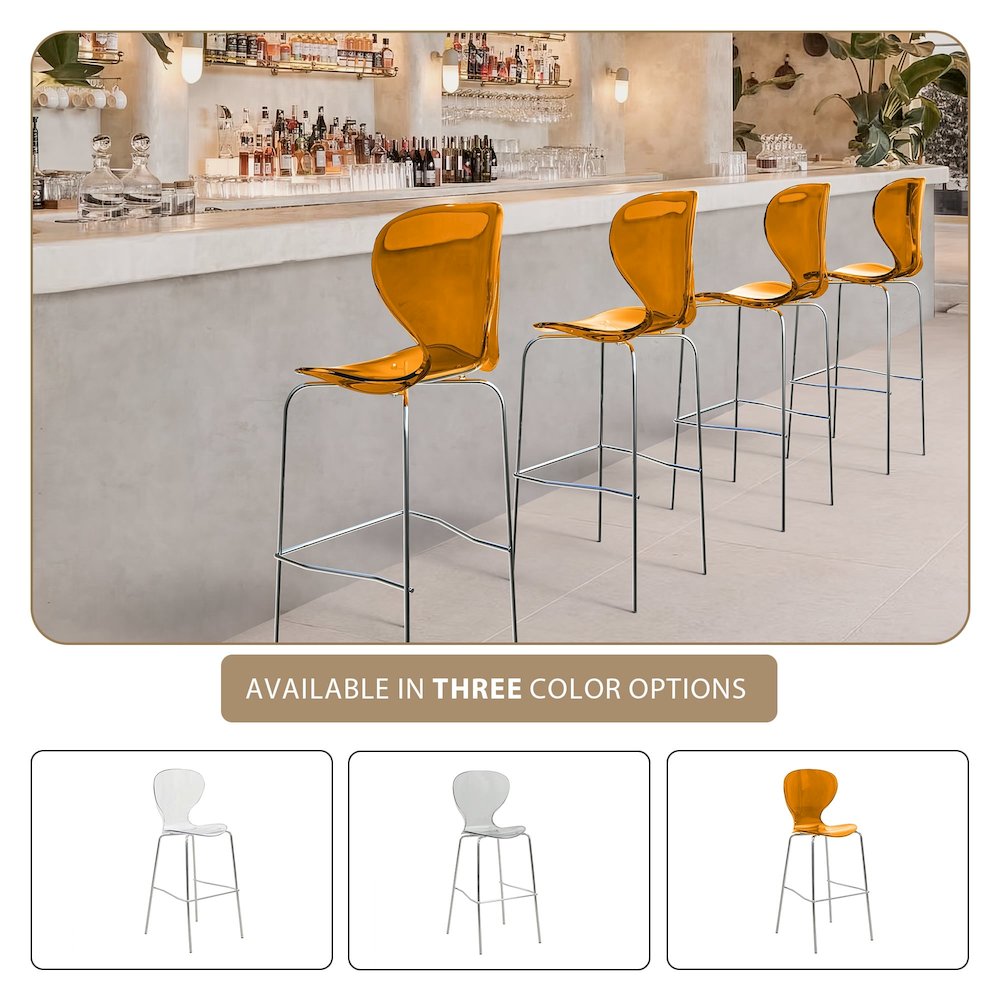 Oyster Acrylic Barstool with Steel Frame in Chrome Finish in Transparent Orange. Picture 4