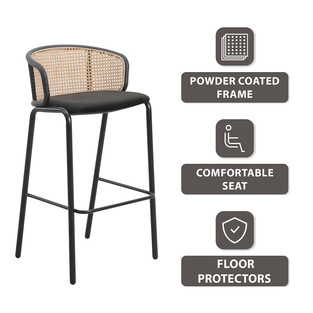 Ervilla Mid-Century Modern Wicker Bar Stool in Black. Picture 19