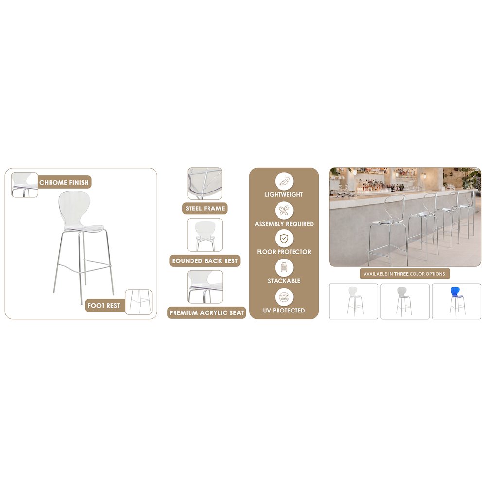 Oyster Acrylic Barstool with Steel Frame in Chrome Finish in Clear. Picture 13