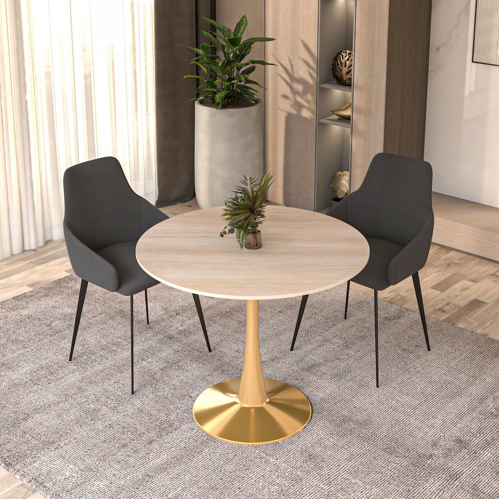 Bristol 31" Round Dining Table Gold Base with Sintered Stone Natural Wood Top. Picture 2