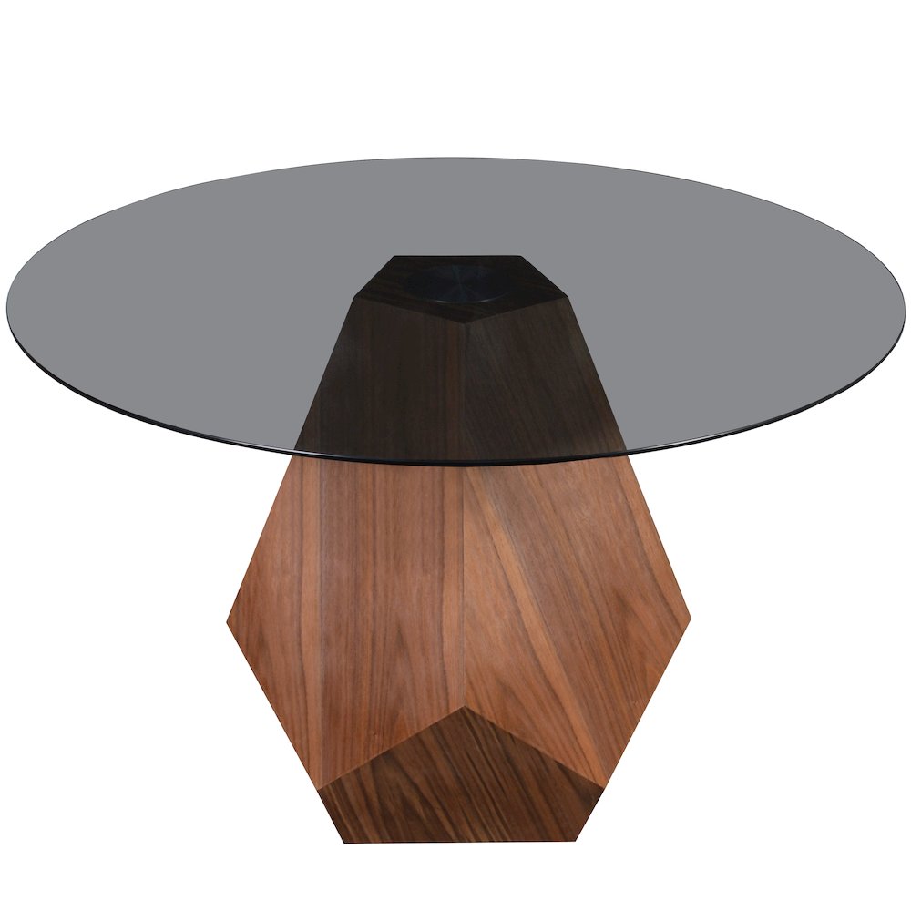 Nebo Modern Dining Table in Walnut Base with BLack Glass Top. Picture 7