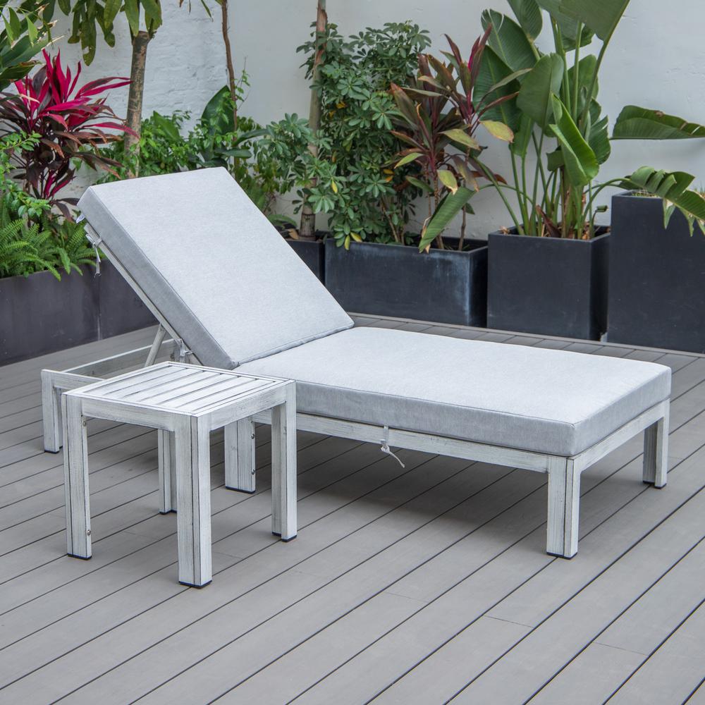 Outdoor Weathered Grey Chaise Lounge Chair With Side Table & Cushions. Picture 7