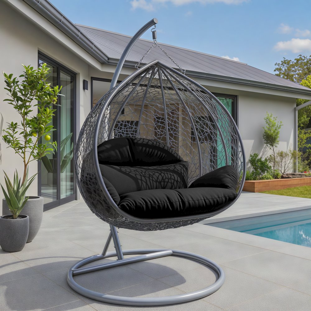 Recluse Collection Modern Outdoor Swing Chair Grey Frame with ES57 Black Cushion. Picture 13