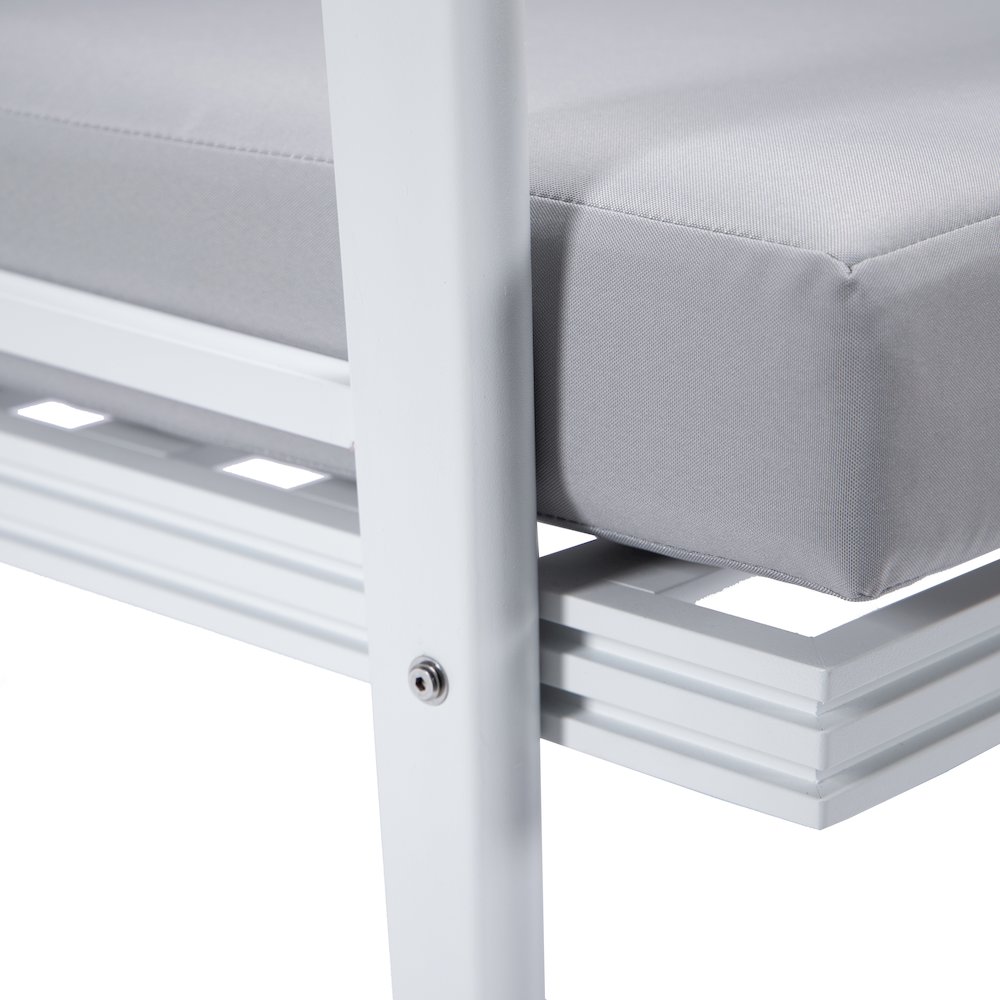 Walbrooke Outdoor Patio White Aluminum Armchairs With Cushions in Light Grey. Picture 6
