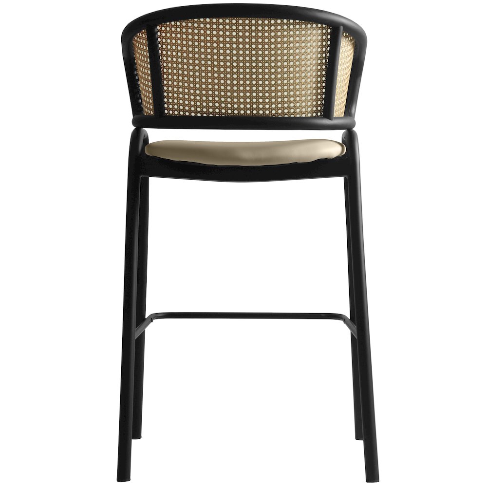 Ervilla Wicker Bar Stool with Fabric Seat and Black Steel Frame - Taupe. Picture 10