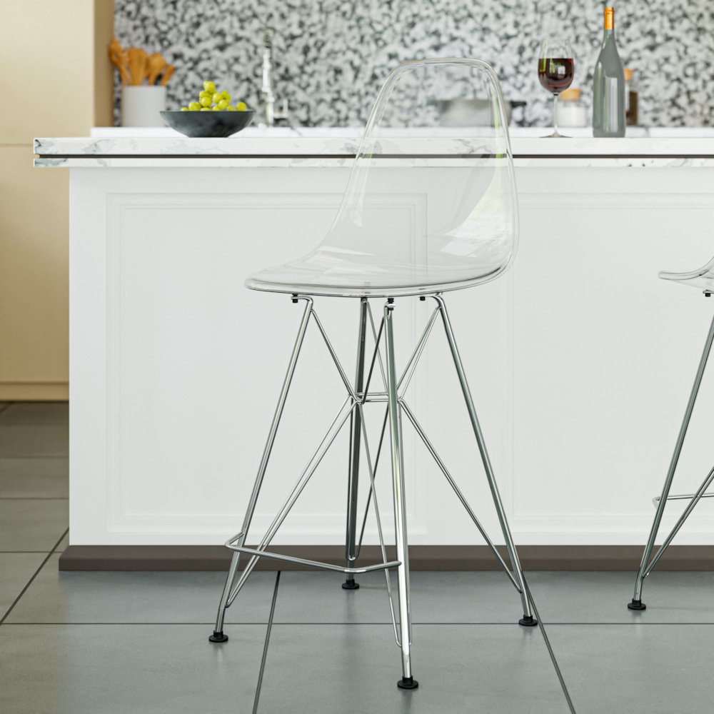 Cresco Modern Acrylic Barstool with Chrome Base and Footrest in Clear. Picture 13