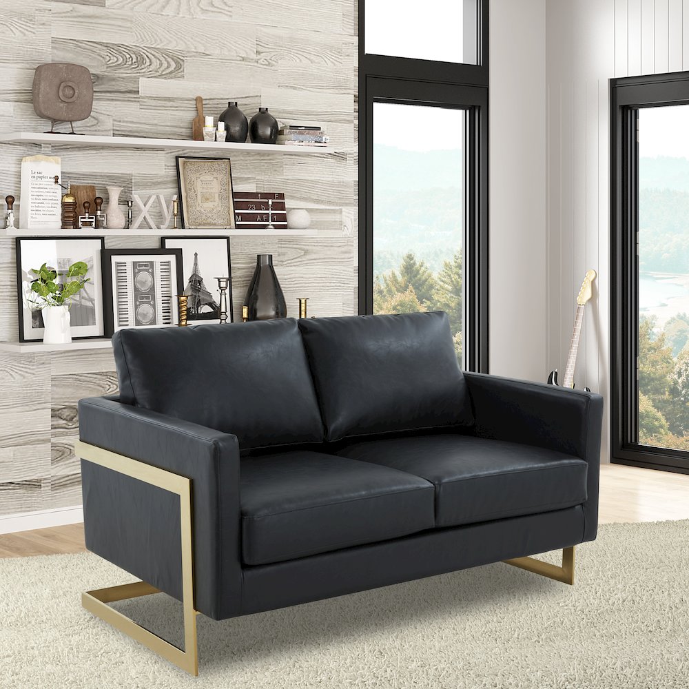 Lincoln Modern Mid-Century Upholstered Leather Loveseat with Gold Frame. Picture 4