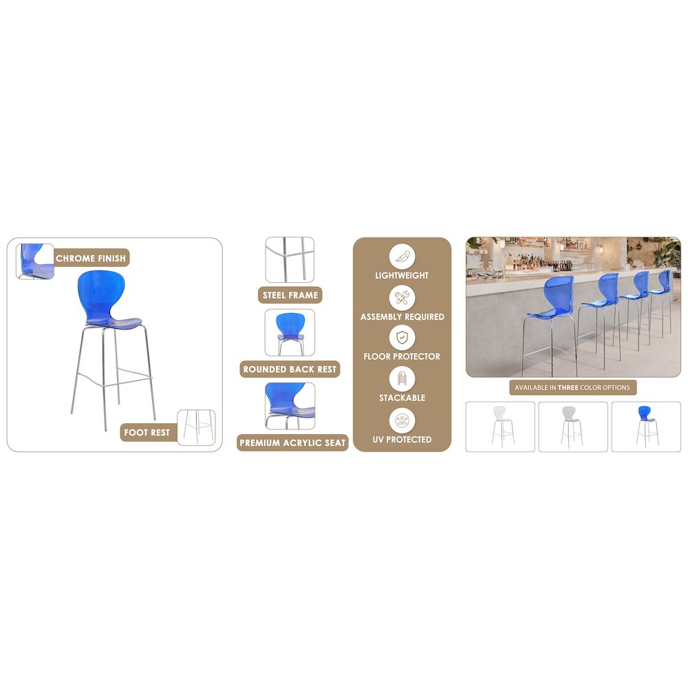Oyster Acrylic Barstool with Steel Frame in Chrome Finish in Transparent Blue. Picture 14