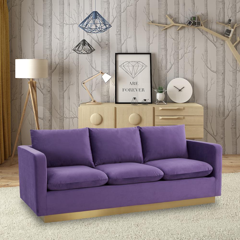 Nervo Modern Mid-Century Upholstered Velvet Sofa with Gold Frame. Picture 6