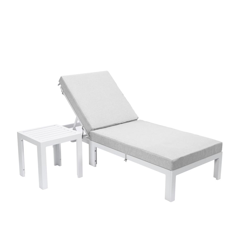 Chelsea Modern Outdoor White Chaise Lounge Chair With Side Table & Cushions. Picture 1