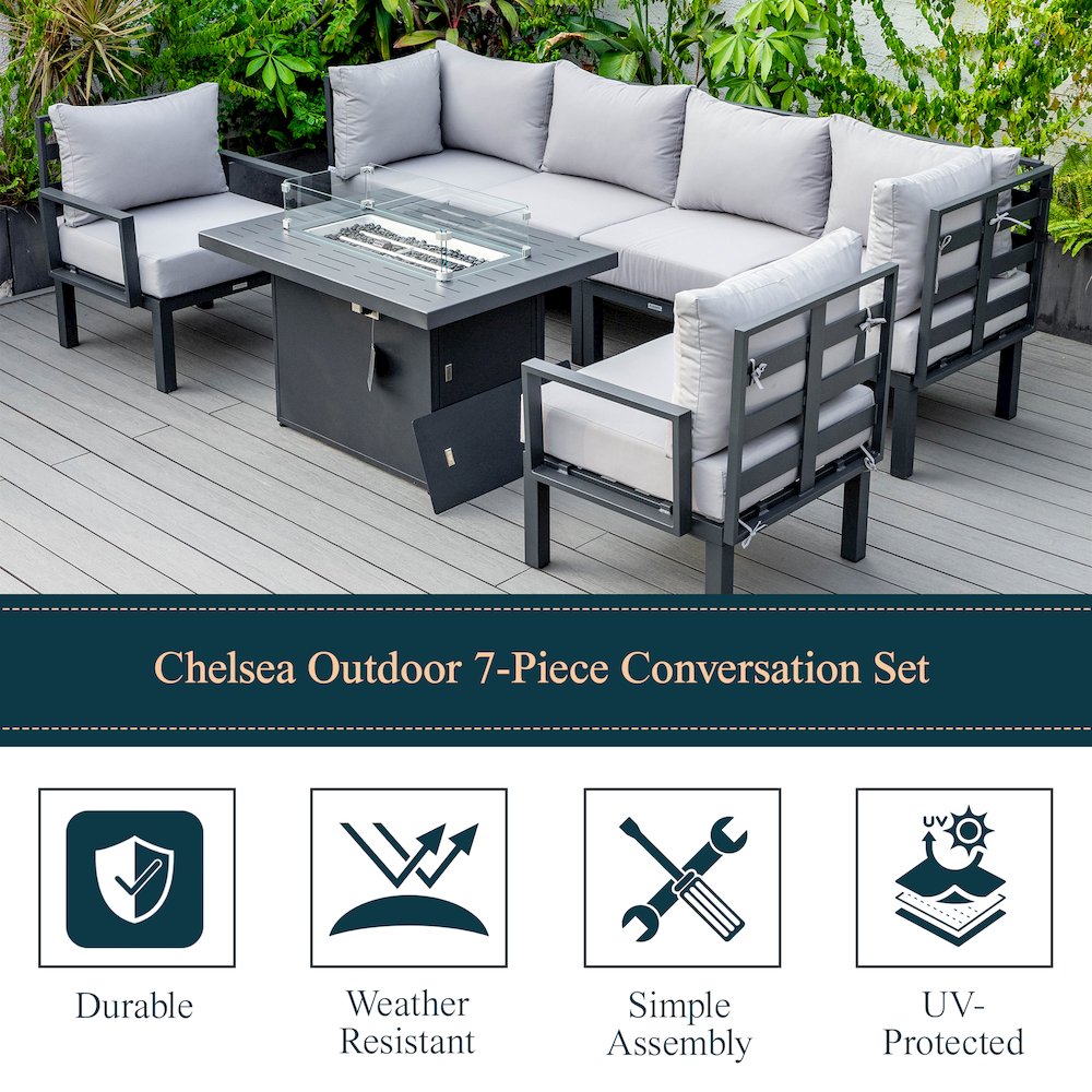 Chelsea 7-Piece Patio Sectional And Fire Pit Table Black Aluminum With Cushions. Picture 37
