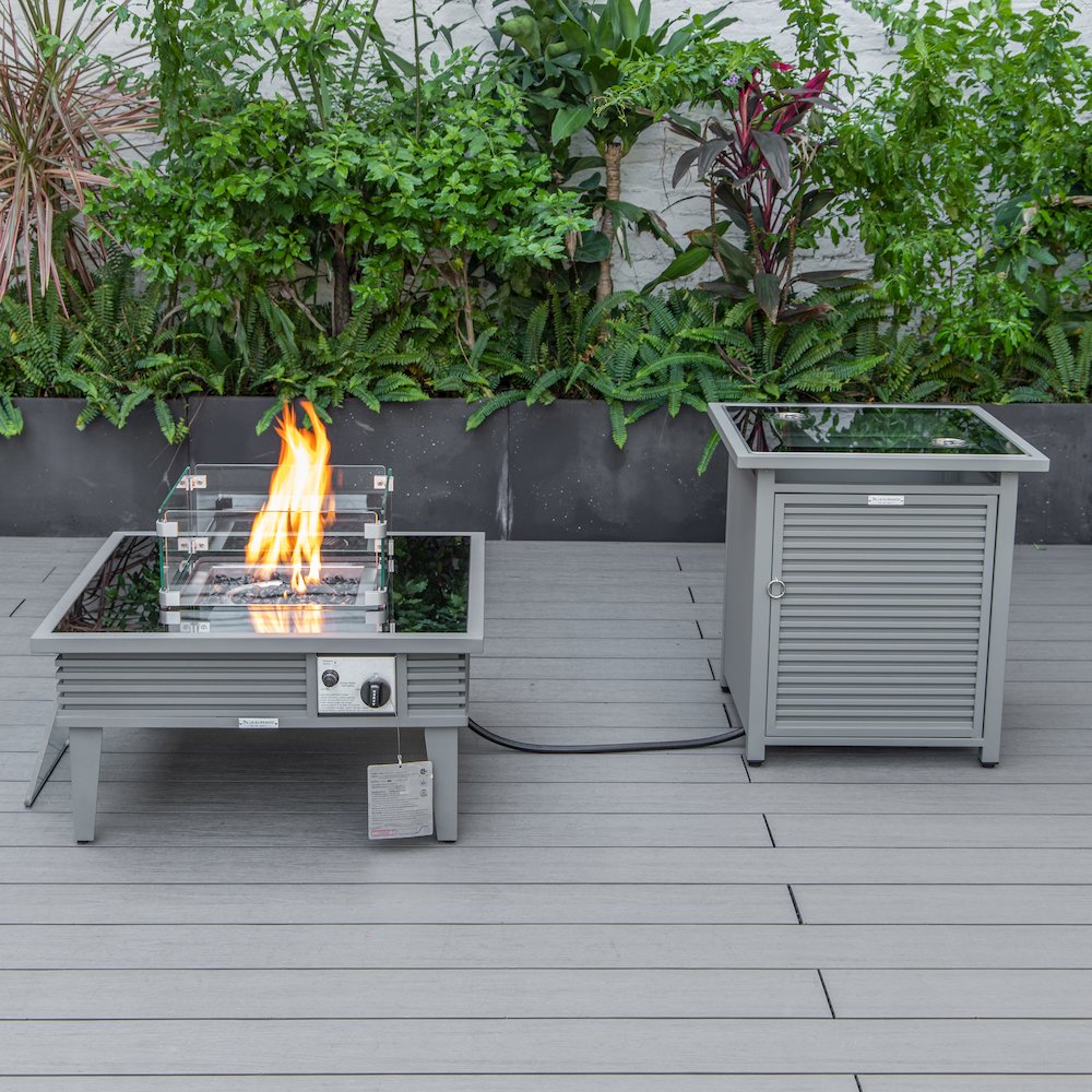 Walbrooke Patio Square Fire Pit and Tank Holder with Slats Design in Grey. Picture 1
