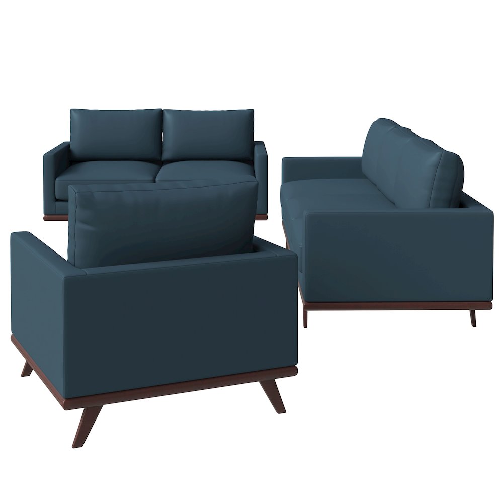 Chester 3-Piece Leather Living Room Sofa Set with Birch Wood Base Navy Blue. Picture 4
