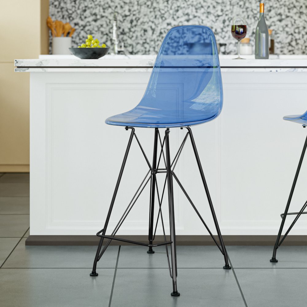 Modern Acrylic Bar stool Cresco Collection Black Base with Trans Blue seat. Picture 1