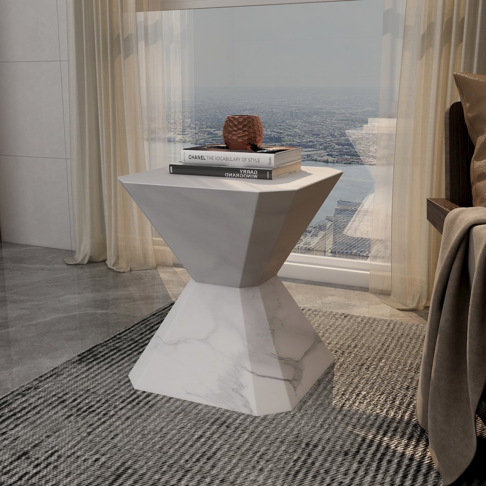 Azure Collection Fiberglass Outdoor Side Table in Marble White. Picture 9