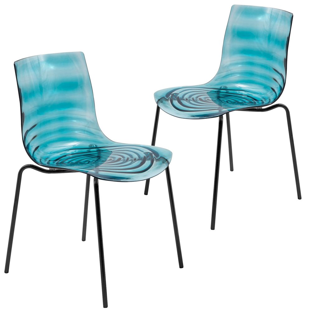 Astor Water Ripple Design Dining Chair in Black Base Trans Blue Seat Set of 2. Picture 2